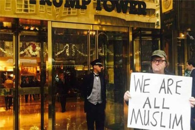 support of Muslims protest of Michael Moore's Donald Trump