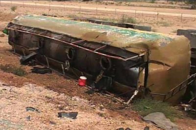 Oil tanker overturned coming from moro to Karachi, 0 thousand liters diesel flown to the land