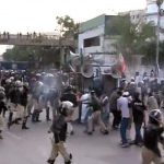 Police, started, Lathi, charge, and, shelling, of, tear, gas, on, ISO, protesters, against, America