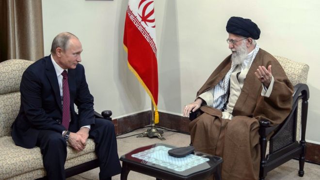 TEHRAN:, IRAN'S, SUPREME, LEADER, AYATULLAH KAHMNAEI, ONE, ONE, ONE, MEETING, WITH, RUSSIAN, PRESIDENT, PUTIN
