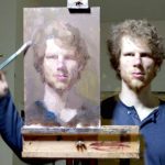 Expert artist, looking at mirror, made his own portrait