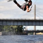 Thrillseekers extreme wakeboarding stunt in Portugal river