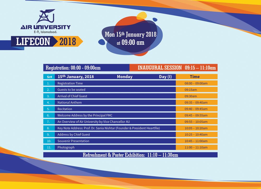 Belt, and, Road, Initiative, Air, University, open ,its, doors, to, organize, LifeCon, 2018 ,on, January, 15,16, Two Two-day, international conference,LIFECON,2018,,on,life,sciences,and,health,system,engineering,,with,the,theme:,"Belt,and,Road,Initiative-,Collaborating,for,a,better,future",,will,be,organized,by,Fazaia,Medical,College,,Air,University,,on,15th,&,16th,January,2018,at,the,Auditorium,of,Air,University,,E9,Islamabad