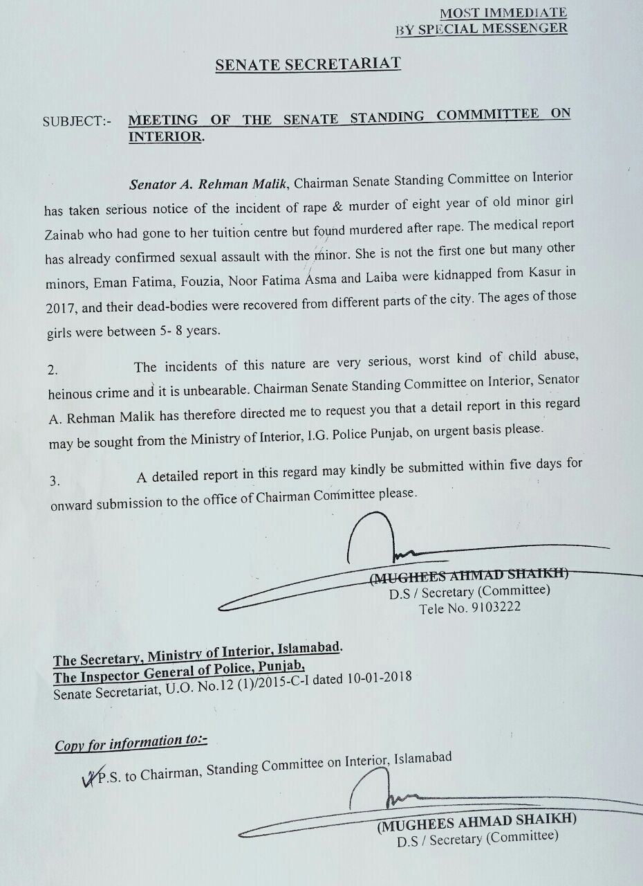 Chairman, Standing, Committee, Senate, for, Interior, Rehman Malik, sent, notice, to, Interior, Ministry, on, brutal, rape, and, murder, case, in, Kasur