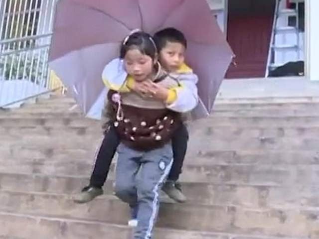 Mutual girl going to school to disabled brother taking on the back