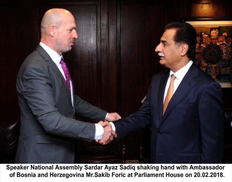 Ambassador, Bosnia, meet, speaker, National, Assembly, Sardar Ayaz Sadiq, in, his, chamber