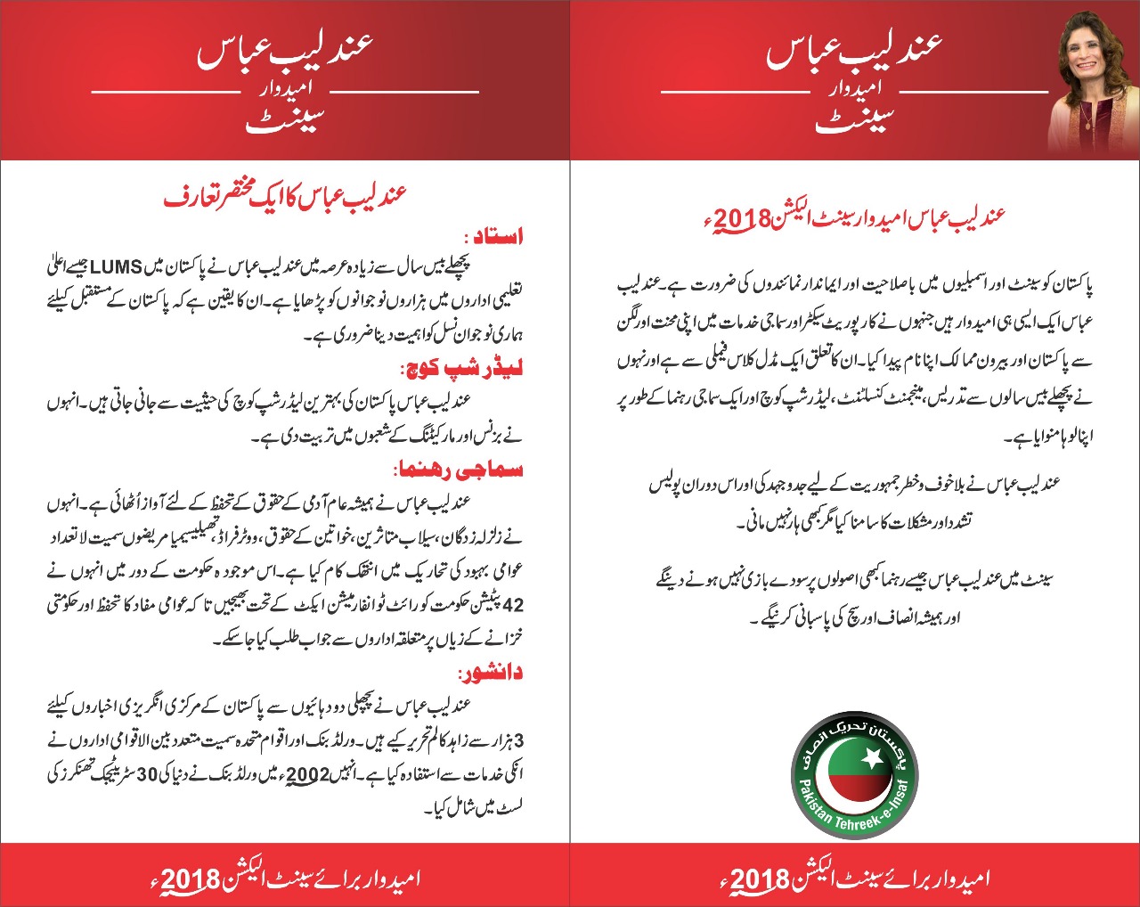 PTI, STARTED, SENATE, ELECTION, CAMPAIGN, LITTLE, INTRODUCTION, OF, STRONGEST, CANDIDATE, FROM, PUNJAB, ANDLEEB ABBAS