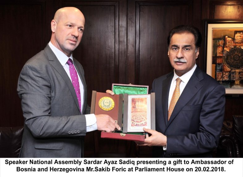 Ambassador, Bosnia, meet, speaker, National, Assembly, Sardar Ayaz Sadiq, in, his, chamber