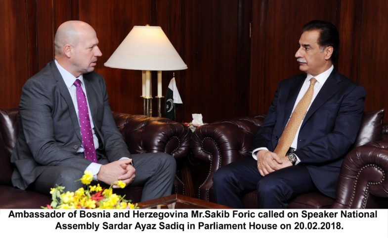 Ambassador, Bosnia, meet, speaker, National, Assembly, Sardar Ayaz Sadiq, in, his, chamber
