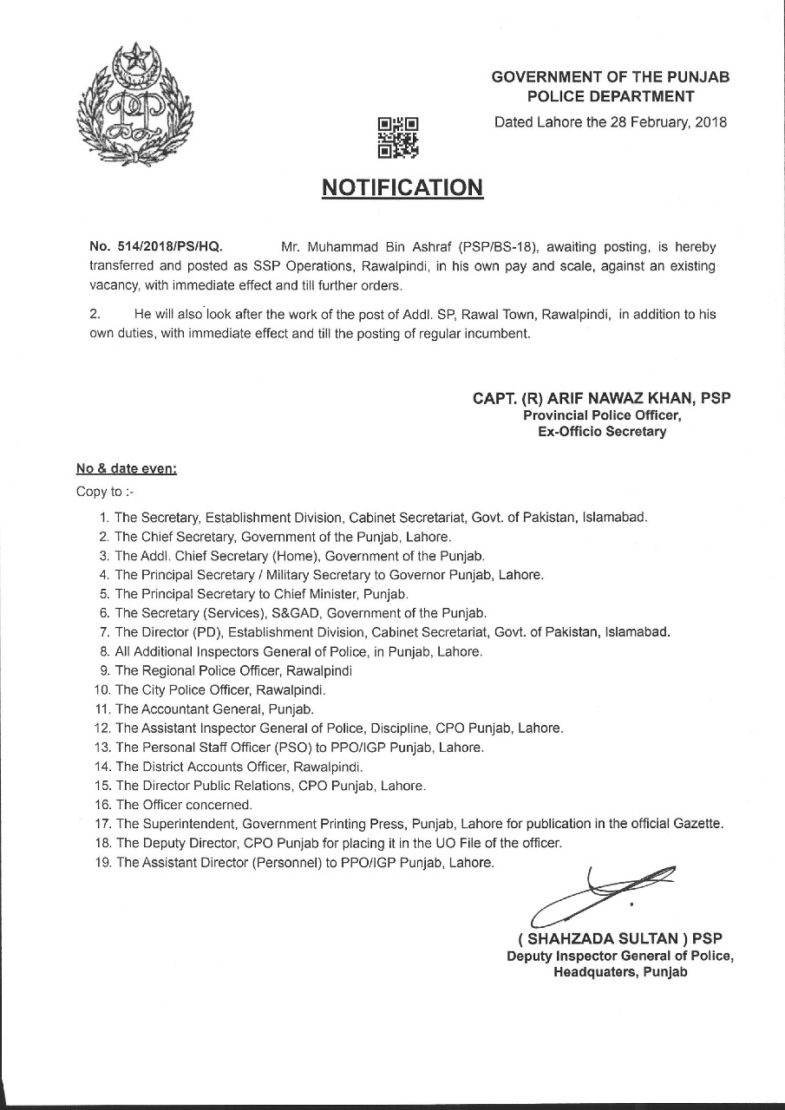 MUHAMMAD, ASHRAF, SSP, OPERATION, RAWALPINDI, APPOINTED, NOTIFICATION, ISSUED