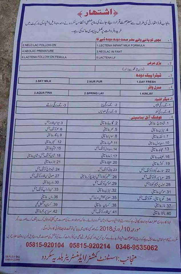 District Administration Sukdoda banned the sale and purchase of following items in the market on being considered as implicit health by Punjab Food Authority