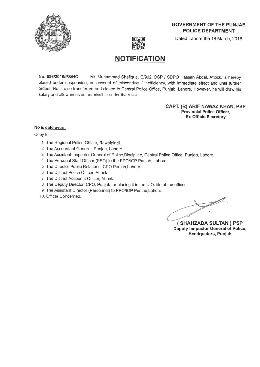 DSP, HASSAN, ABDAL, MUHAMMAD, SHAFIQUE, SUSPENDED, ON, ACCOUNT, OF, INEFFICIENCY