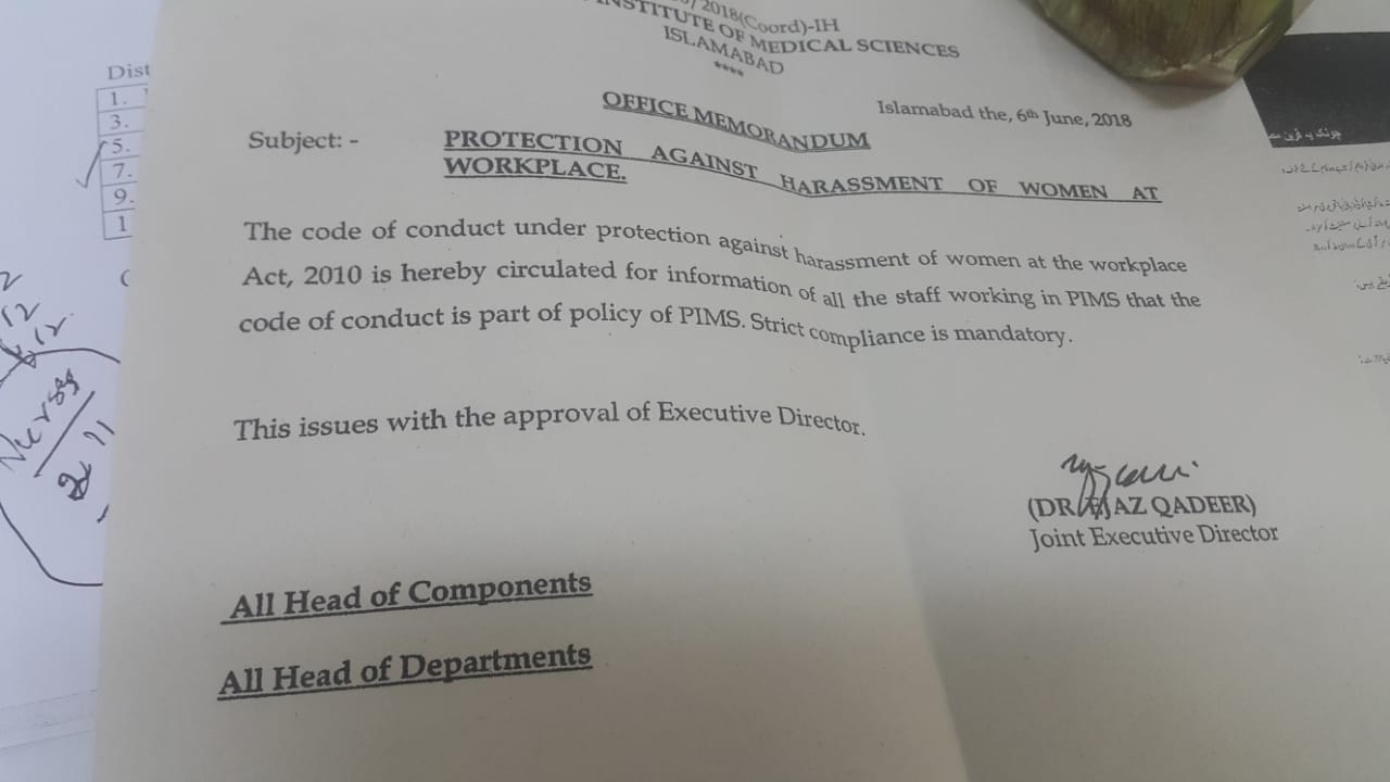 Official memorandum has been released from the adminisitrator for protecting harassment to Women during Duty