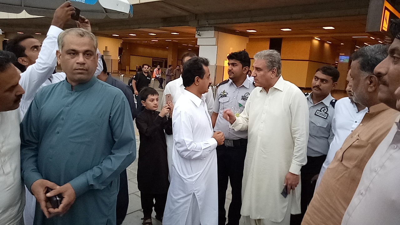 Pakistan Tehreek-e-Insaf's Vice-Chairman Makhdoom Shah Mehmood Hussain Qureshi arrives in Karachi airport on two-day inner Sindh visit