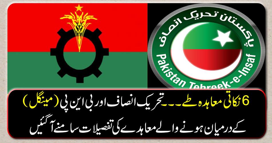 A 6-point agreement fixed. Details of the deal between Tehreek-e-Insaf and BNP (Mengal) were presented.