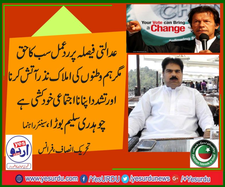 CH SALEEM BORRA, SENIOR, LEADER, PTI, FRANCE, SAYS, FEED BACK, ON, COURT, DECISION, IS, EVERYONE'S, RIGHT, BUT, VIOLENCE, IN, COUNTRY, AND, RAISE, FIRE, IS, COLLECTIVE, SUICIDE, FOR, NATION