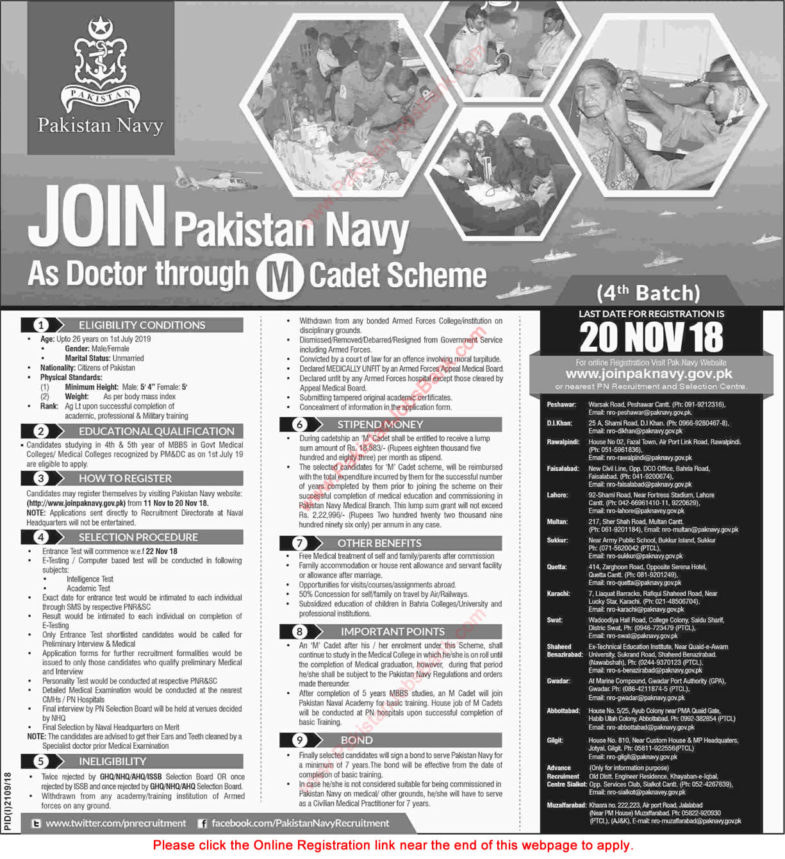 Join, Pakistan, Navy, as, Doctor, 2018, November, through, M, Cadet, Scheme, Online, Registration, Latest
