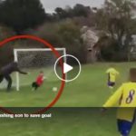Boy’s, dad, pushes, him, to, stop, a, goal, during, an, under-8s, football, match We, need, this, kind, of, parents, , dads, always, great