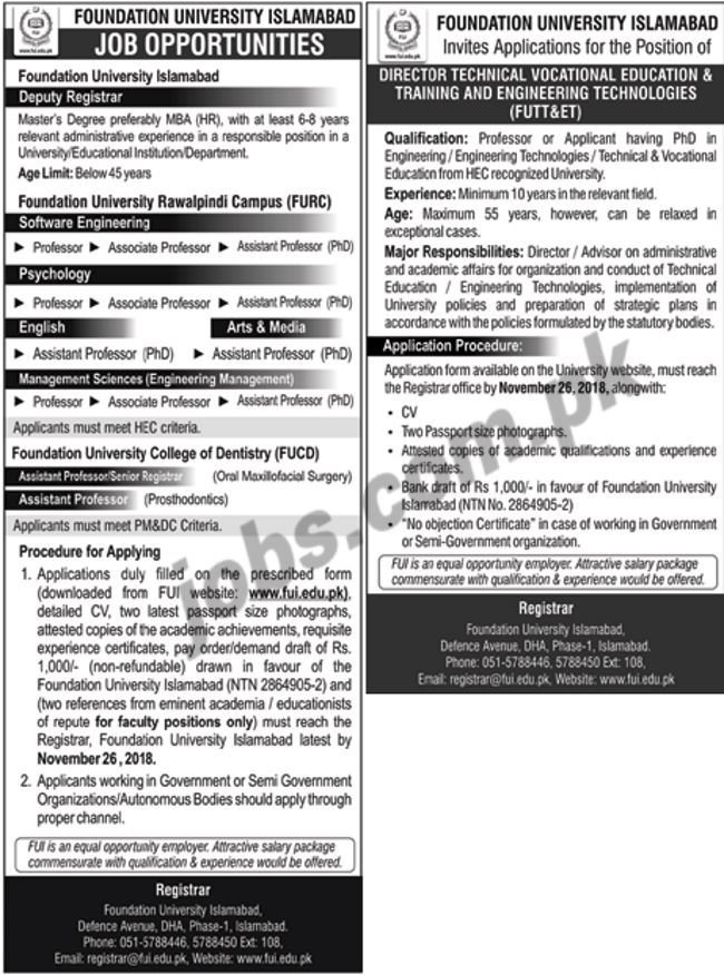 Foundation University Islamabad Jobs 2018 for Registrar, IT, Management & Teaching Faculty 12 November, 2018