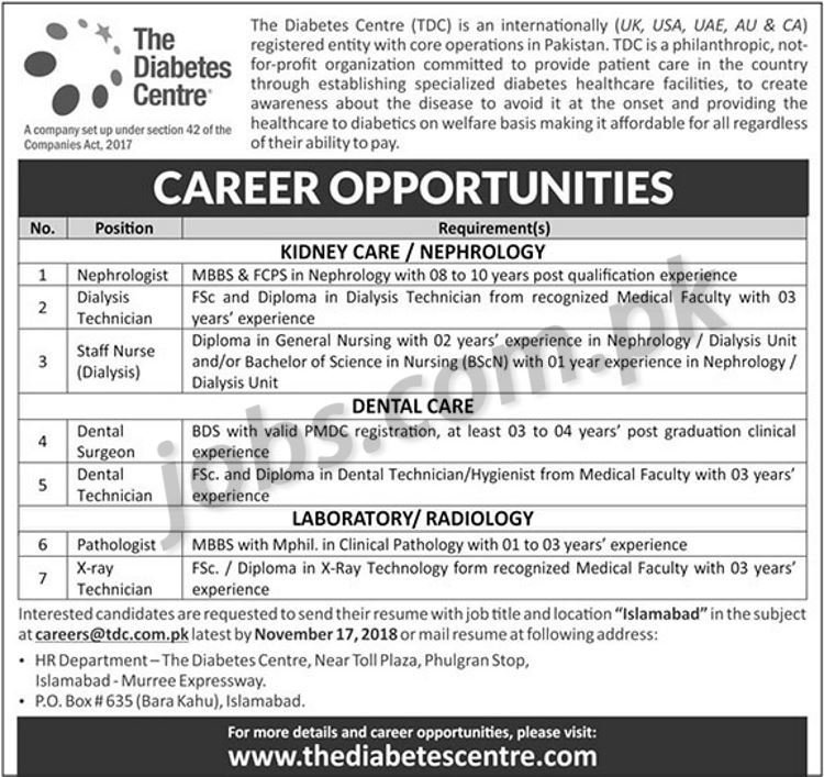 The Diabetes Center (TDC) Jobs 2018 for Various Medical Posts 12 November, 2018