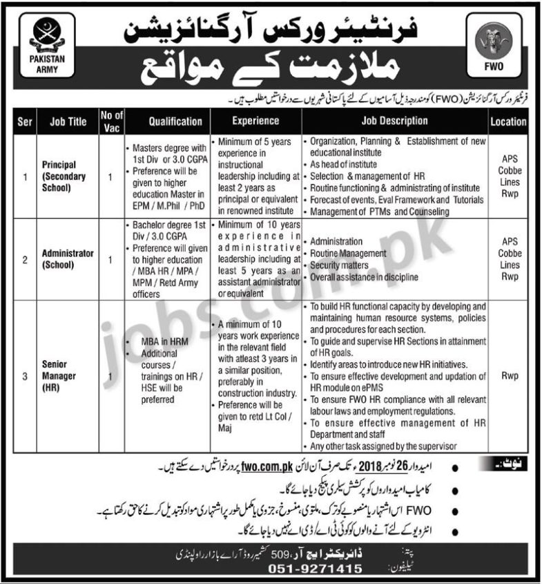 Frontier Works Organization (FWO) Jobs 2018 for Administrator, HR and Principal Posts