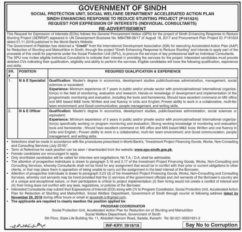 Sindh Social Welfare Department Jobs 2018 for M&E Specialist and Officer Posts 12 November, 2018