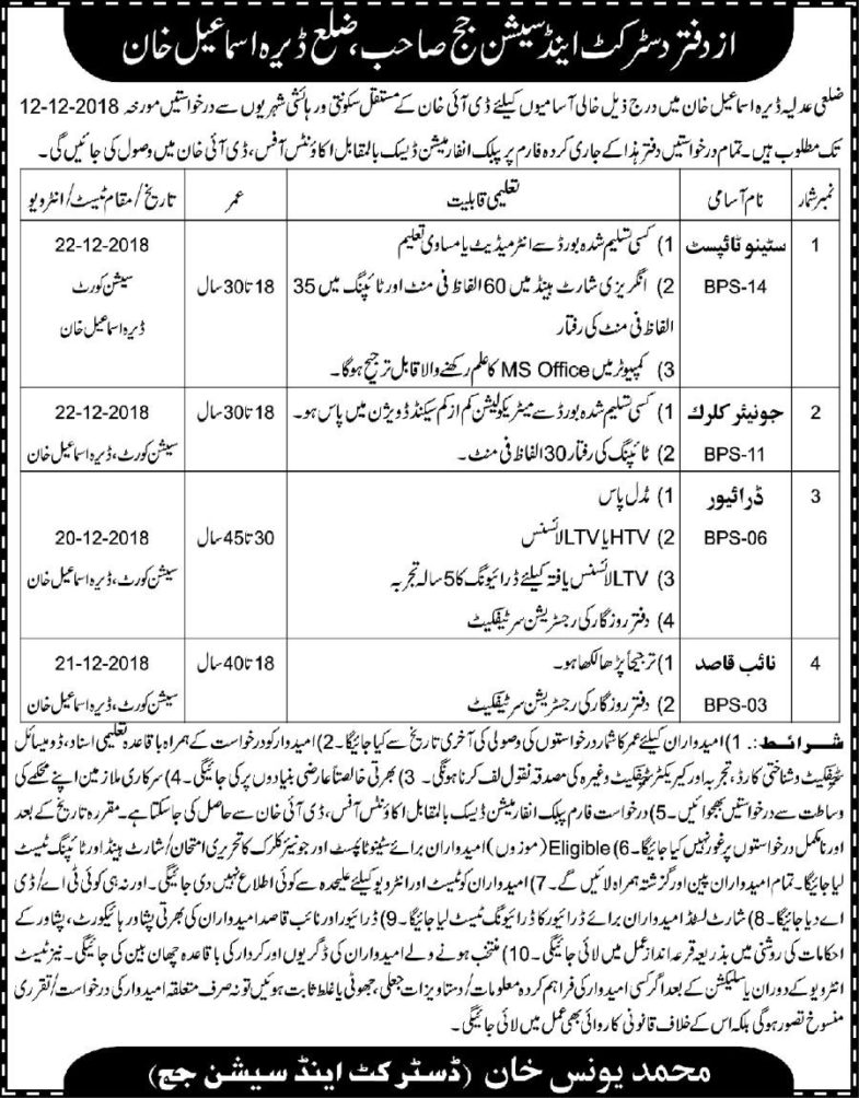 District, &, Session, Judge, DI, Khan, Jobs, 2018, for, Junior, CLerks,, Steno, Typist,, Naib, Qasid, &, Driver, Posts