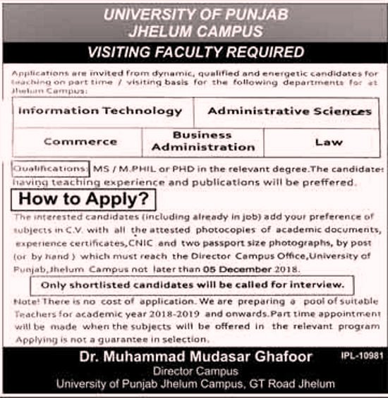 University of Punjab (Jhelum) Jobs 2018 for Teaching Faculty 17 November, 2018