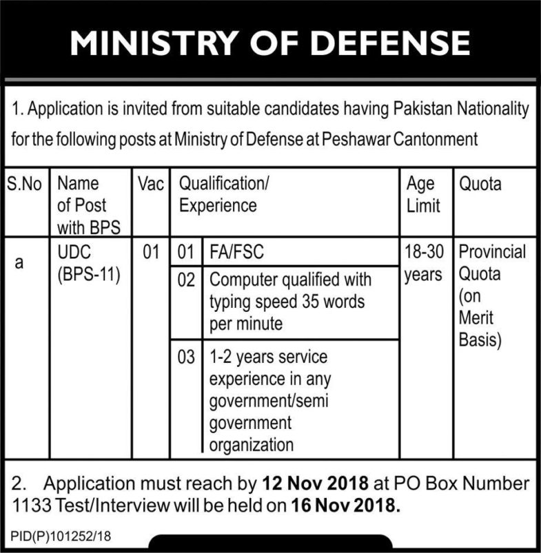Jobs, In, Ministry, Of, Defense, Govt, Of, Pakistan, 06, Nov, 2018