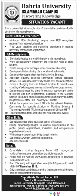 Following Bahria University Islamabad Campus Jobs ad was published in Jang on 08 November, 2018.  Drag down to see details and job image published in newspaper.