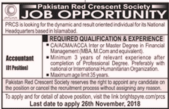 Pakistan Red Crescent Society PRCS Jobs 2018 for Accountant 15 November, 2018