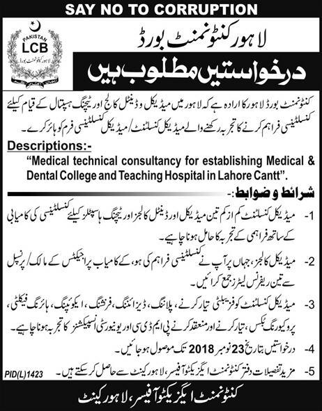 Lahore Cantonment Board (LCB) Jobs 2018 for Medical Consultants 12 November, 2018