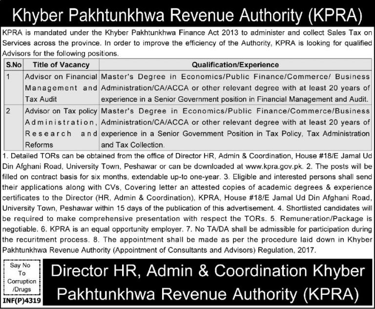 KP Revenue Authority (KPRA) Jobs 2018 for Advisors / Management Posts 12 November, 2018