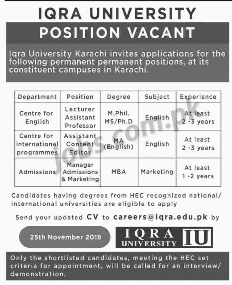 Iqra University (Karachi) Jobs 2018 for Teaching & Non-Teaching Staff 12 November, 2018