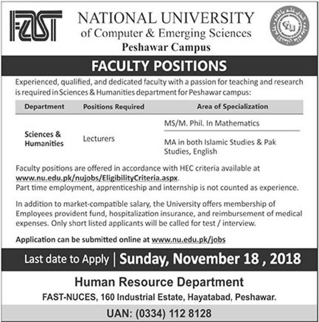 National University of Computer & Emerging Sciences (Peshawar) Jobs 2018 for Teaching Faculty 12 November, 2018