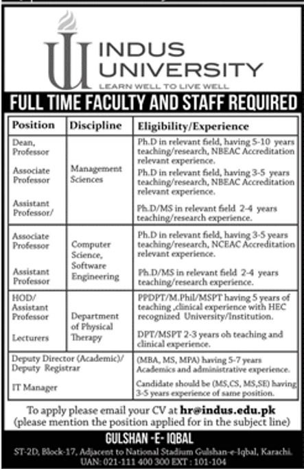 Indus University Jobs 2018 for IT, Admin & Teaching Faculty 12 November, 2018