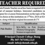 Chenab College Jhang Jobs 2018 for Teaching Staff 14 November, 2018