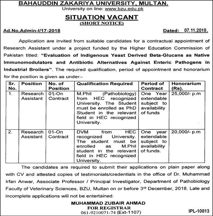 Bahauddin Zakariya University Jobs 2018 for Research Assistants 13 November, 2018