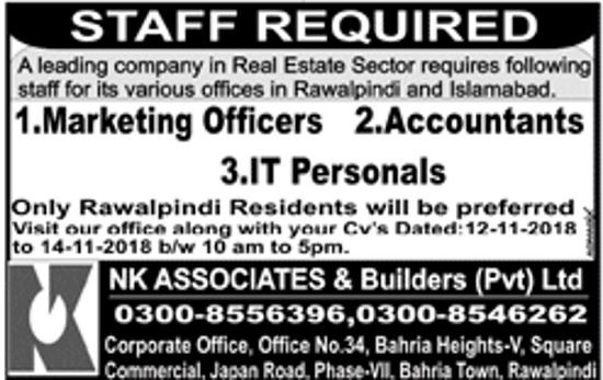 NK Associates & Builders Islamabad Jobs 2018 for IT, Accounts & Marketing Officers 13 November, 2018