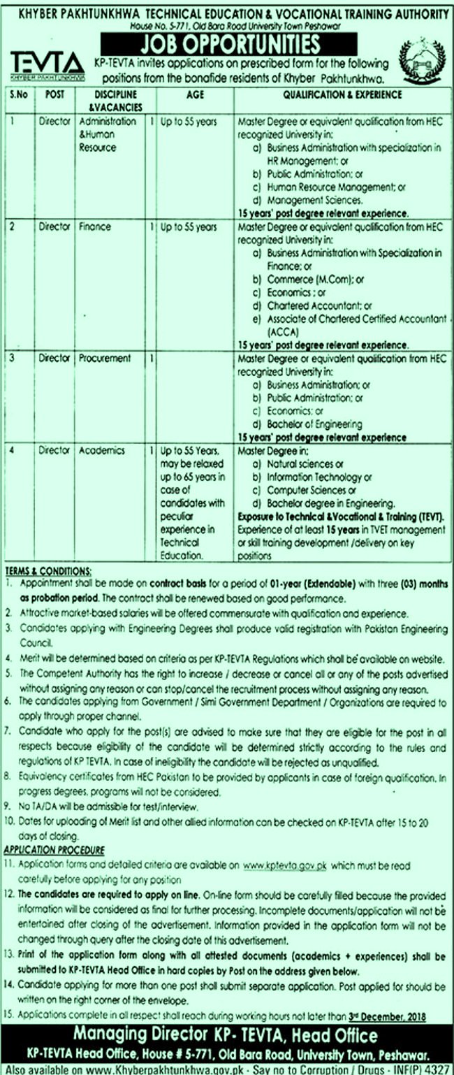 KP TEVTA Jobs 2018 for Various Management Posts 15 November, 2018
