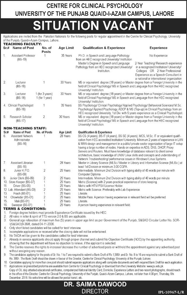 University of Punjab Jobs 2018 for 22+ IT, Admin, Jr Clerks, Library, Teaching & Support Staff 17 November, 2018