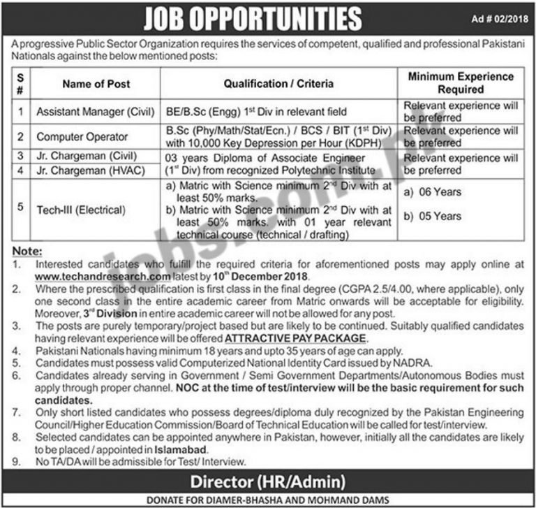 Public Sector Organization Islamabad Jobs 2019 for Computer Operator, Engineering, Chargeman/DAE and Tech-III to be filled immediately. Required qualification from a recognized institution and relevant work experience requirement are as following. Eligible candidates are encouraged to apply to the post in prescribed manner. Incomplete and late submissions/applications will not be entertained. Only short listed candidates will be invited for interview and the selection process. No TA/DA will be admissible for Test/Interview. Last date to apply to the post and submit application along with required documents is 10th December 2018. Public Sector Organization Jobs 2019 – Apply Online: Name of the Organization: Public Sector Organization Total No. of Vacancies: Multiple Qualifications & Age Limit: Please see job notification below for relevant experience, qualification & age limit information. Job Location: Islamabad Last Date To Apply: 10th December 2018