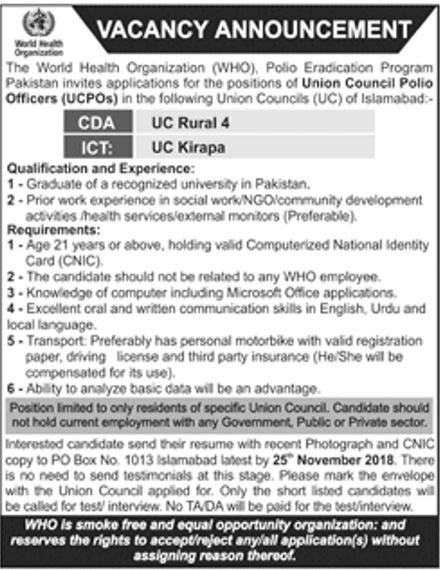 World Health Organization (WHO) Jobs 2018 for UC Polio Officers in Islamabad 12 November, 2018