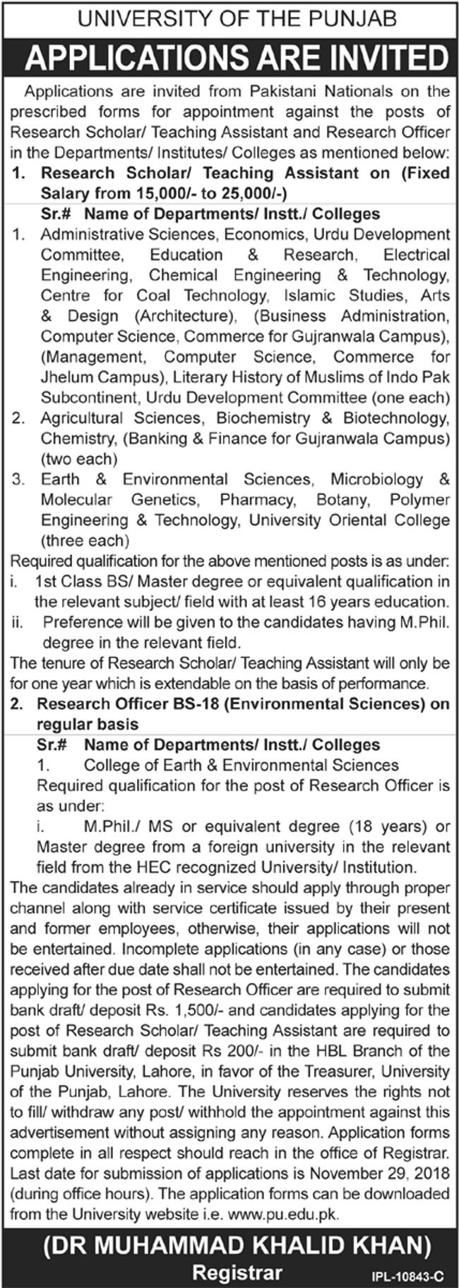 University of Punjab Jobs 2018 for Research/Teaching Assistant & Research Officer Posts 13 November, 2018