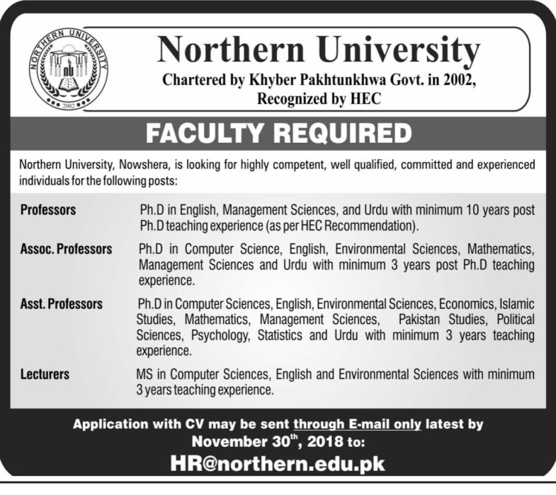 Northern University Nowshera Jobs 2018 for Teaching Faculty 13 November, 2018