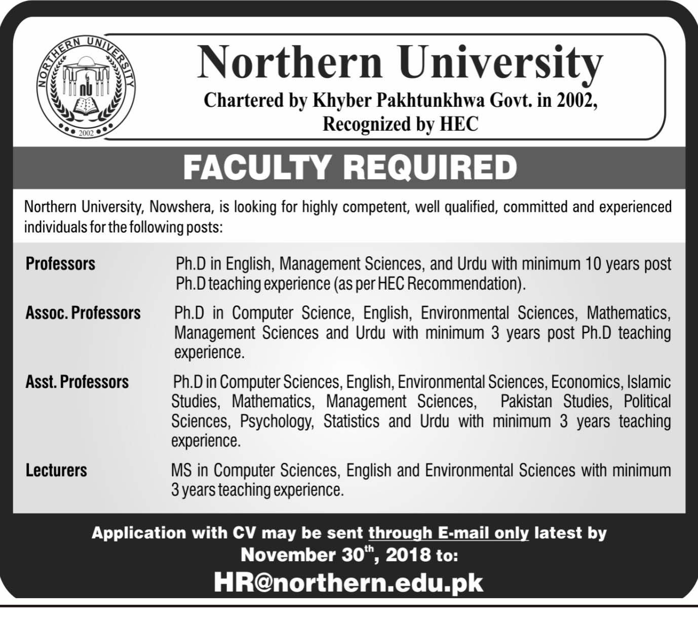Northern University Nowshera Jobs 2018 for Teaching Faculty 13 November, 2018
