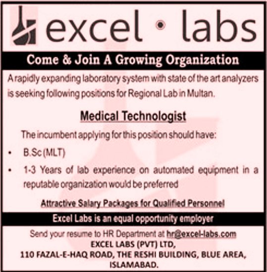 Excel Labs Islamabad Jobs 2018 for Medical Technologist 17 November, 2018