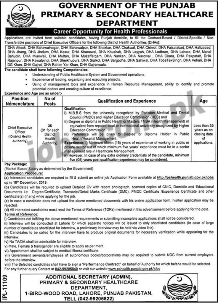 PS Healthcare Department Punjab Jobs 2018 for 36+ CEOs for District Health Authority 26 November, 2018