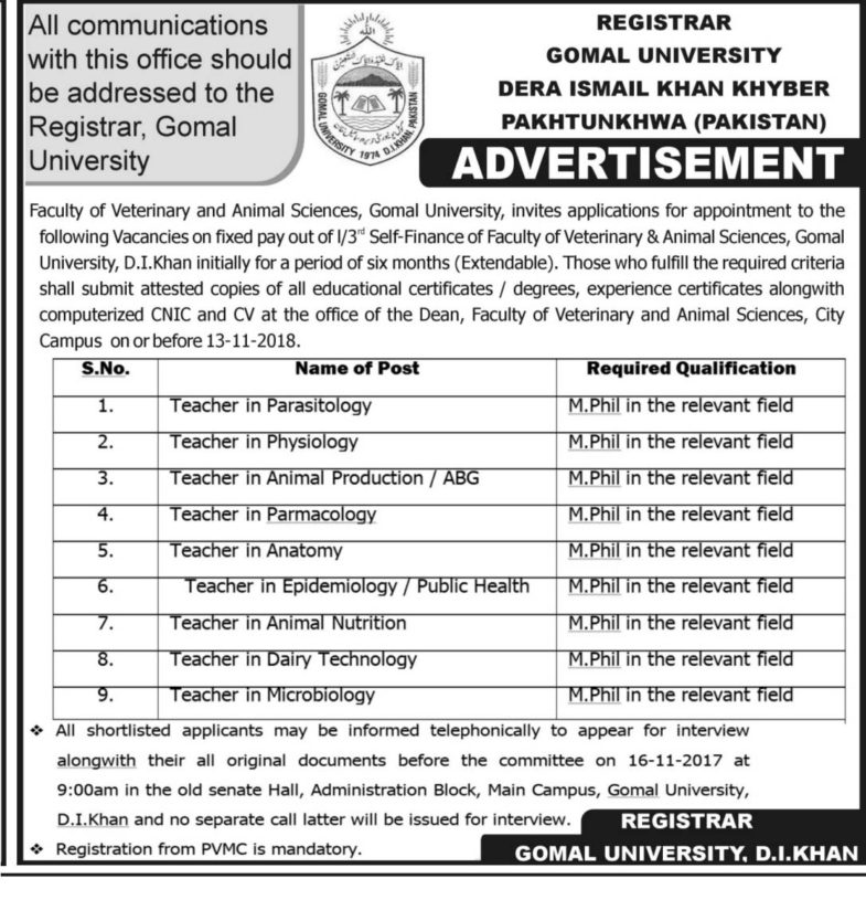 Jobs ,In, Gomal ,University, Dera Ismail Khan, 07 Nov 2018