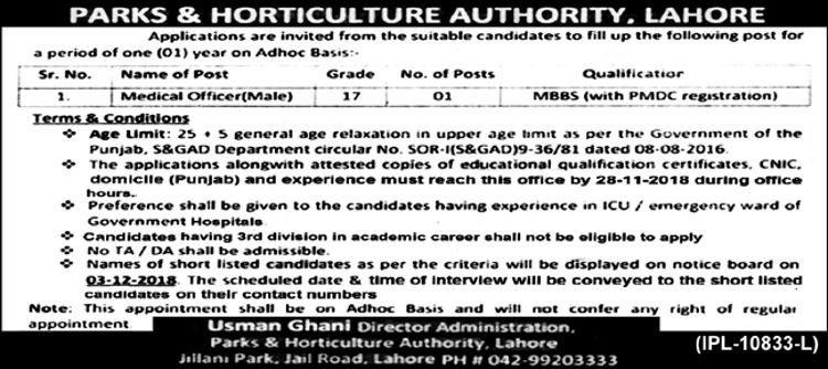 Parks & Horticulture Authority Lahore Jobs 2018 for Medical Officers 13 November, 2018